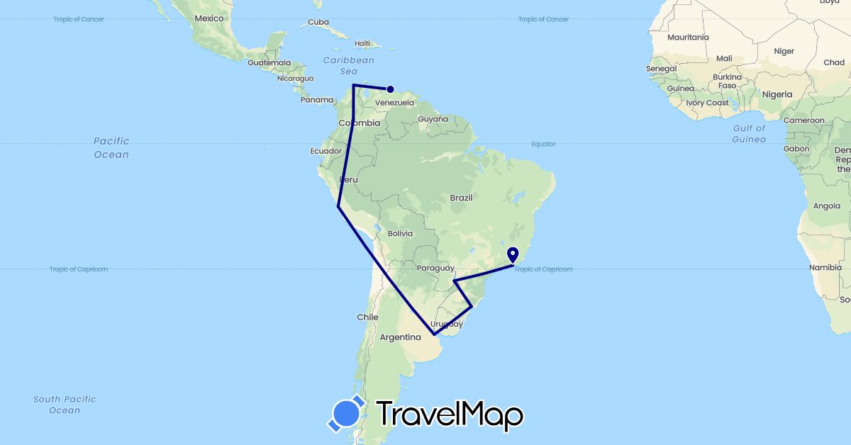 TravelMap itinerary: driving in Argentina, Brazil, Colombia, Peru, Venezuela (South America)